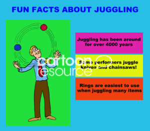 Education color cartoon showing a man smiling as he juggles. Then, there are three facts about juggling.