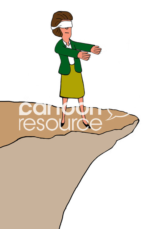 Management color cartoon showing a blindfolded business woman on the edge of a cliff.