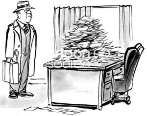 Technology b&w cartoon of a man standing in front a desk with piles and piles and piles of paper. Would a laptop be easier?