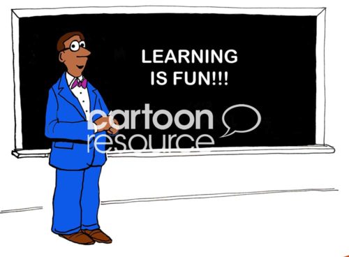 Education color cartoon of a smiling African-American male teacher wearing a blue suit and standing in front for blackboard that says 'learning is fun!'.