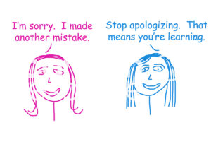 Positivity color cartoon of two smiling women. One apologizes that she made another mistake. The other states that means you are learning.