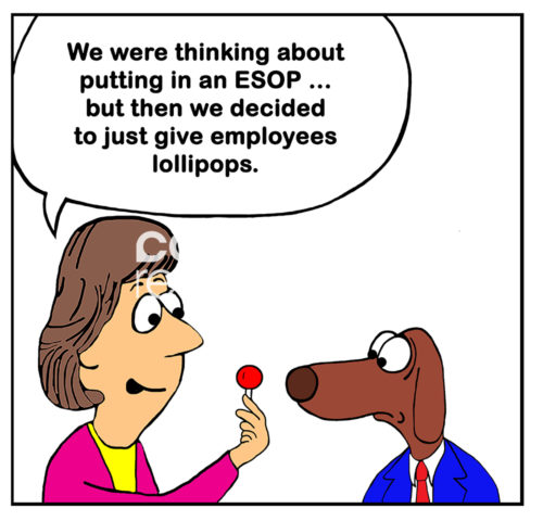 Leadership color cartoon of a company considering giving an ESOP to employees then decided to just give lollipops.