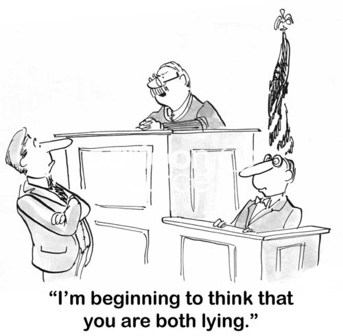 Legal b&w cartoon showing a courtroom judge who has evidence (long noses) that both the lawyer and the witness are not telling the truth.