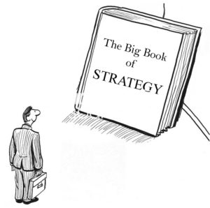 B&W marketing cartoon showing a smiling businessman as he discovers the Big Book of Strategy.