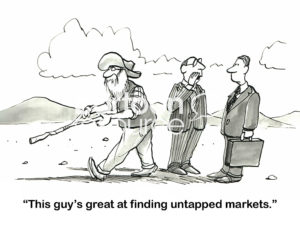 B&W marketing cartoon showing an old-time explorer with a divining rod, he is "... great at finding untapped markets".