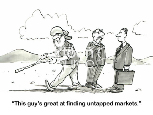 B&W marketing cartoon showing an old-time explorer with a divining rod, he is "... great at finding untapped markets".