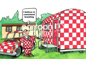 Color marketing cartoon showing a man who believes "... in consistent branding".  All his branded items are a red check pattern.