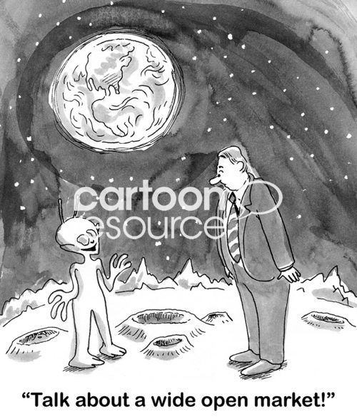 B&W marketing cartoon showing an alien telling the marketing man that the alien's planet is a wide open market.