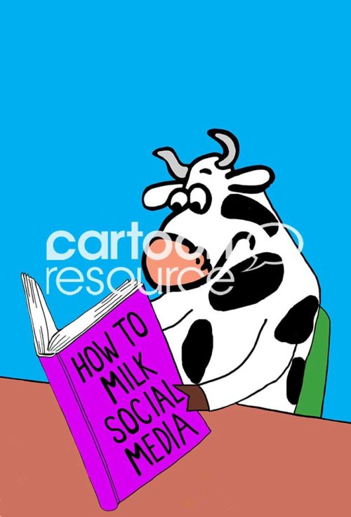 Color marketing cartoon showing a dairy cow reading a book called 'how to milk social media'.