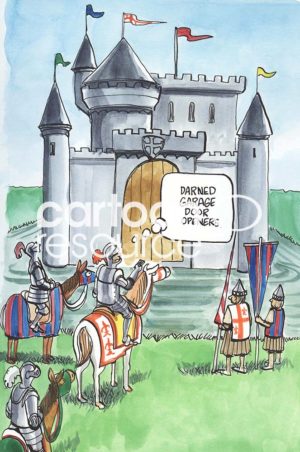 Color cartoon showing knights on horses wanting to cross the moat to the castle. One knight holds a remote and says, 'darned garage door openers'.