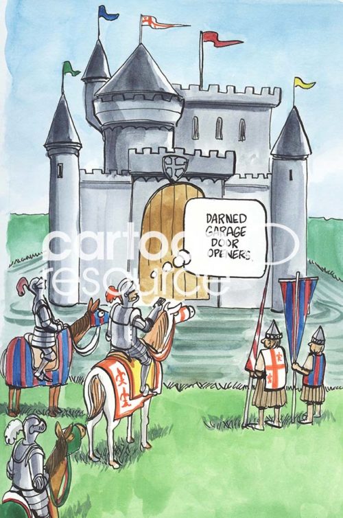 Color cartoon showing knights on horses wanting to cross the moat to the castle. One knight holds a remote and says, 'darned garage door openers'.