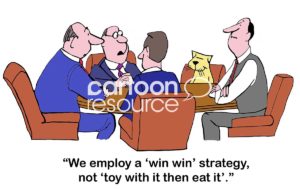 Color marketing cartoon of a business meeting that includes a cat. The boss is saying to the cat, 'we employ a "win-win" strategy, not "toy with it then eat it"'.