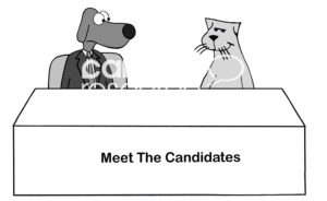 Political b&w cartoon of a dog and cat on opposing sides, "meet the candidates" debate is about to begin.