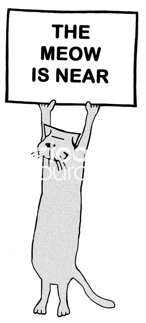 Cat b&w cartoon of a cat standing on its hind legs holding a sign in the air, "The meow is near".