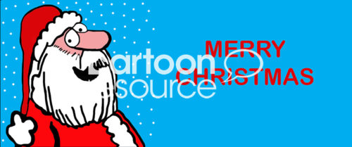 Christmas color cartoon showing snow and a jolly, smiling Santa, neck and head, and the words Merry Christmas.