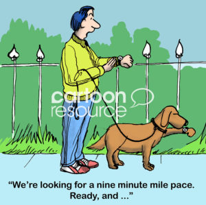 Dog color cartoon of a brown dog looking at a watch on its paw and its male owner looking at the watch on his wrist. The owner says, 'We're looking for a nine minute mile pace...".