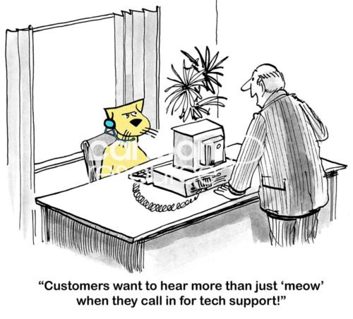 Customer service color cartoon of a yellow worker cat wearing a headset. The male boss says to the worker cat, "Customers want to hear more than just 'meow' when they cll in for tech support!".