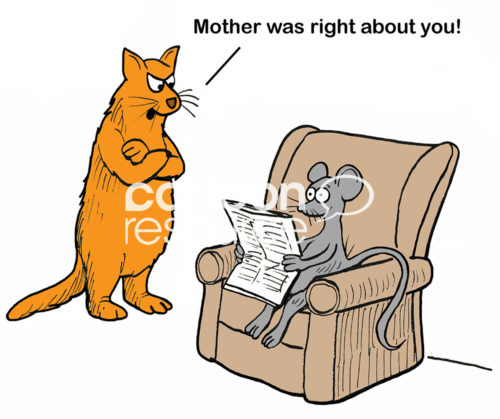 Marriage cartoon of a cat wife and mouse husband. The cat shouts the mouse, 'mother was right about you'.