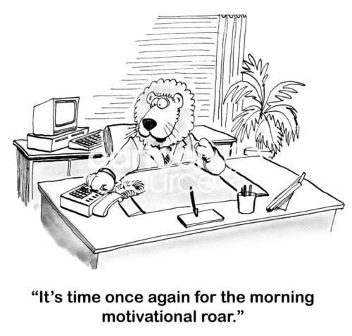 Leadership cartoon showing a business lion leader about to make the daily morning motivational roar.