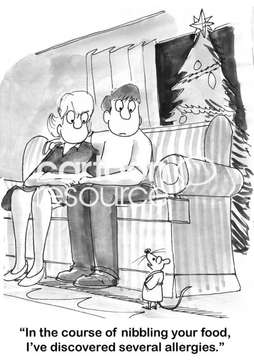 Christmas b&w cartoon of a mouse saying to a couple on Christmas Eve that their food has given him food allergies.