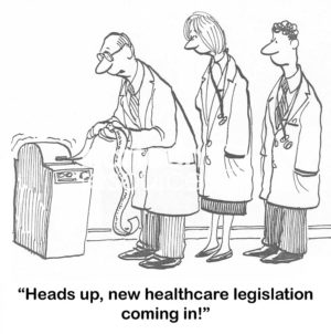 Medical b&w cartoon showing three doctors looking at ticker tape machine spewing out the new healthcare legislation.