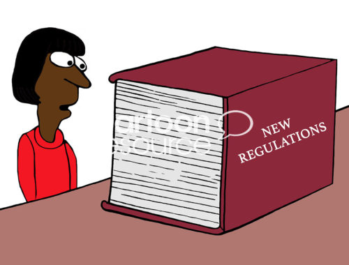 Regulatory cartoon showing a stunned, black, female worker looking at the huge book of new regulations.