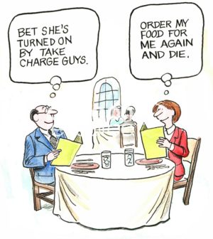 Dating color cartoon of a woman and man with opposite views. The woman thinks, "Order my food for me again and die".