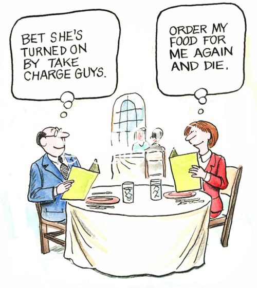 Dating color cartoon of a woman and man with opposite views. The woman thinks, "Order my food for me again and die".