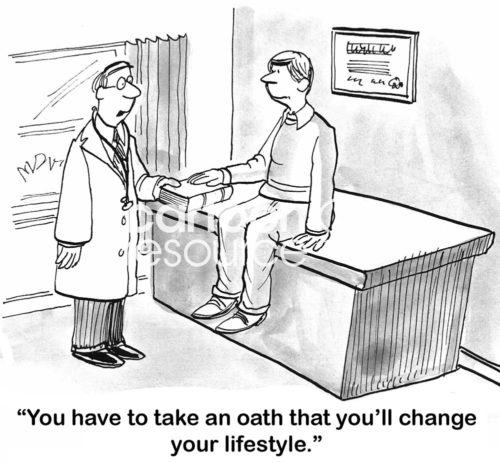 Doctor cartoon showing a male doctor making the patient take an oath and pledge that he will change his lifestyle to be more healthy.