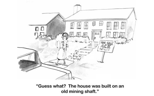 Real estate B&W cartoon showing a couple viewing a home and coming outside. The husband has fallen into a hole as the wife says, '... the house was built on an old mining shaft'.