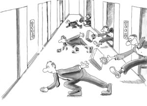 Office B&W cartoon showing male workers leaving a tall offie building going from elevator to elevator.