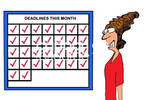 Office color cartoon of a stressed business woman wearing a red dress and looking at a calendar - each day has a deadline that is due. She has deadlines all 31 days of the month.