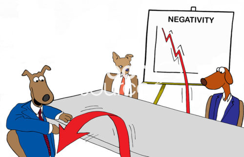 Office color cartoon showing that with the three business dogs running the company 'negativity' has declined precipitously. They are good-humored.