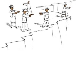 Office color cartoon showing five African-American office worker people blindfolded and walking along a cliff edge.