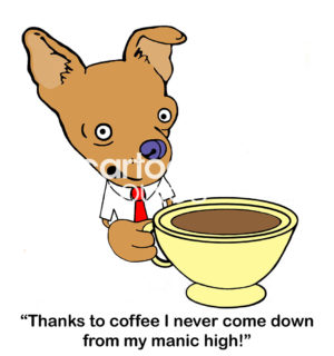 Office color cartoon showing a chihuahua and a huge cup of coffee. He says, "thanks to coffee I never come down from my manic high!".