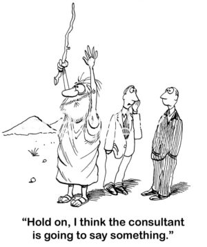 Consulting cartoon showing a business meeting in a deserted location and the prophet consultant is holding his arms up, the businessmen are excited that the prophet consultant is going to speak.