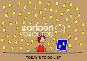 Office cartoon showing a stressed business woman at her work desk with hundreds of sticky notes around her and on the wall, it is 'today's to do list'.