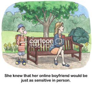 Social media color cartoon showing a woman who can't wait to meet her online boyfriend she met through social media, unfortunately he is 8 years old.
