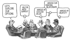 Management cartoon showing a team leader saying to the team, "let's explore our (business) options".  Each team member is thinking a 'personal' option they would like fixed.