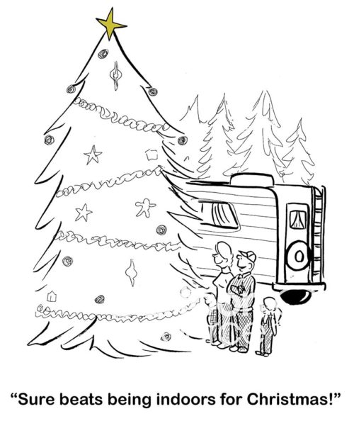 Christmas cartoon of a family spending Christmas in their RV, they have decorated an outdoor Christmas tree.