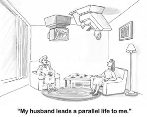 Marriage cartoon showing a wife who lives on the floor and her husband lives on the ceiling.