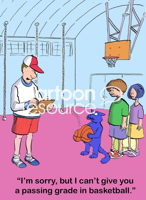 Education color cartoon of a physical education basketball class with the coach. The cat student just deflated the ball with his claws and will not get a passing grade.