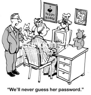 Computer cartoon showing two businessmen who cannot guess the worker's computer password even though there are teddy bears everywhere around her computer. 