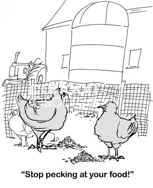 Farming b&w cartoon of a mother chicken and her baby chick, 'Stop pecking at your food!'.