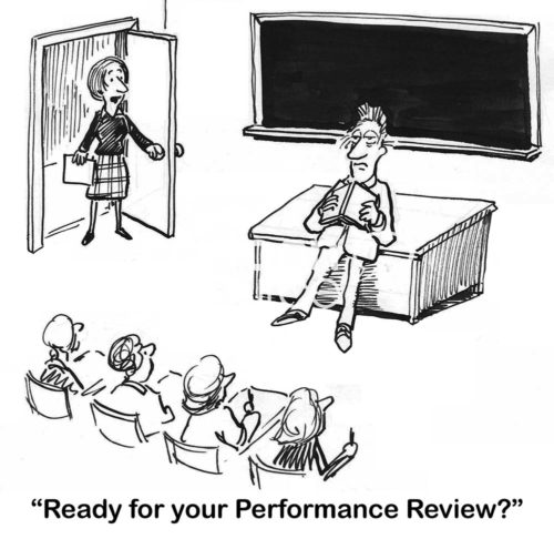 Teacher b&w cartoon showing a male teacher clearly not excited or ready for his performance review from the female principal. 