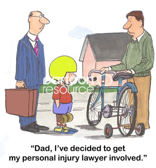 Legal cartoon showing a father with a bicycle for his son that has training wheels.  The son has still decided to involve his personal injury attorney.