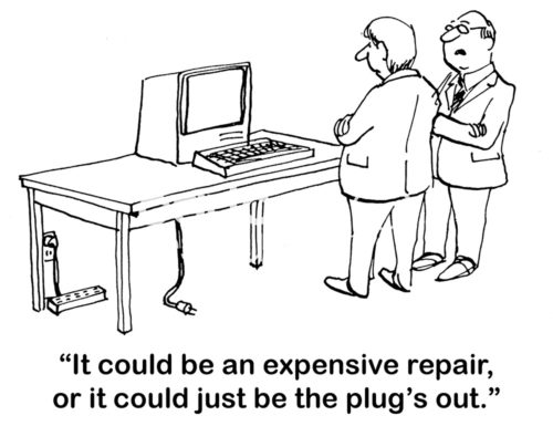 Computer cartoon showing two businessmen pondering why the desktop computer not working.  It is unplugged.