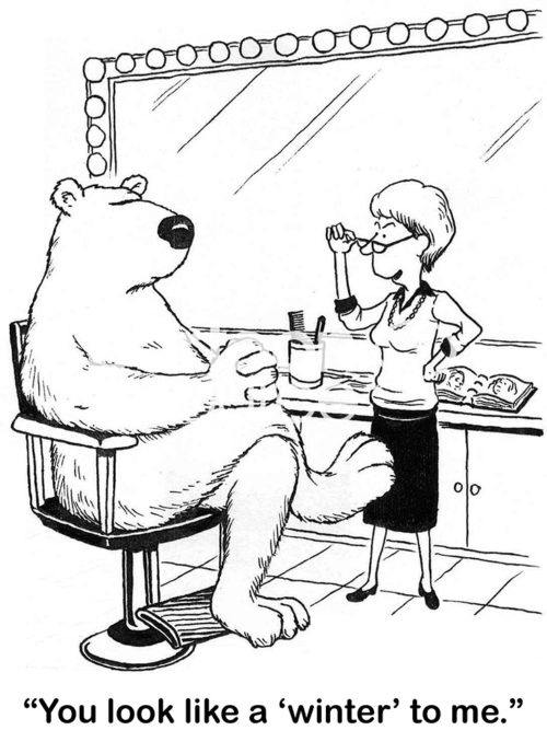 Clothing b&w cartoon of a fashion assistant assisting a polar bear, 'you look like a "winter" to me'.