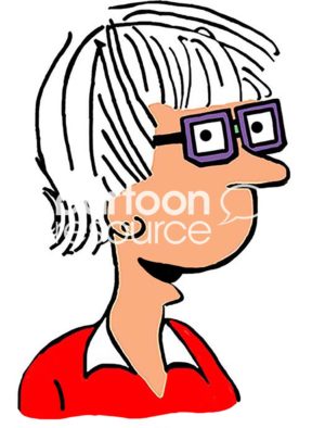 Color cartoon illustration of a beautiful woman with white hair, colorful purple glasses, and a red top.