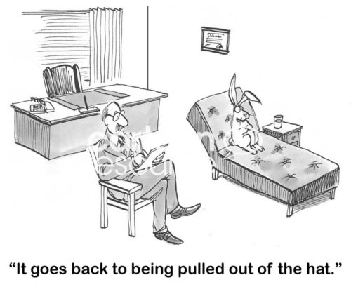 Therapy cartoon showing a magician's rabbit talking with his male psychiatrist.  The rabbit thinks his troubles go "back to being pulled out of the hat".